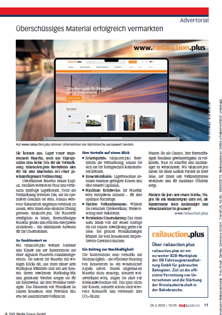 Magazinseite mit einem Artikel über railauction.plus, betitelt „Überschüssiges Material erfolgreich vermarkten‘“.