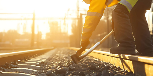 Track layer with a tool in his hand, working on the tracks.