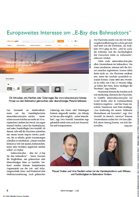 magazine page with an article about railauction.plus, entitled ‘Europe-wide interest in the “E-Bay of the railway sector”’.